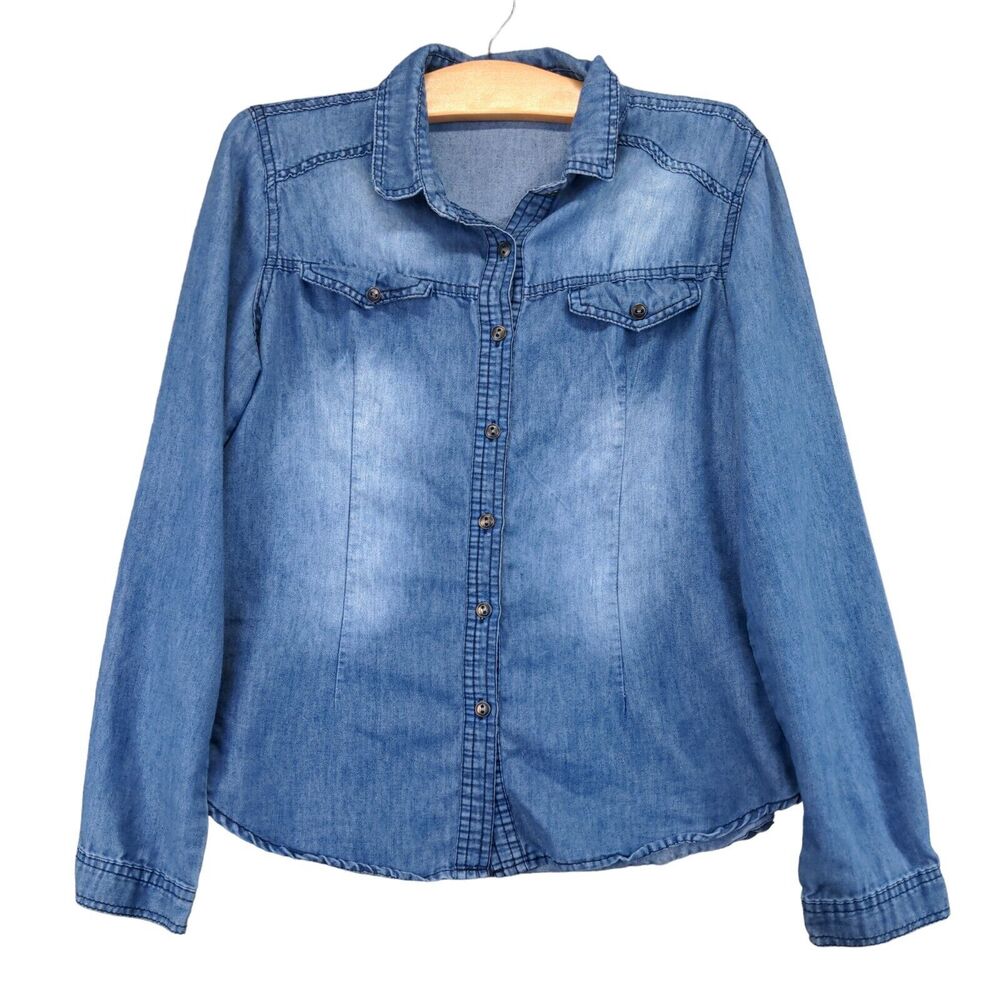 I Joah Denim Button Up Womens Medium Long Sleeve Blue Faux Pocket Polyester